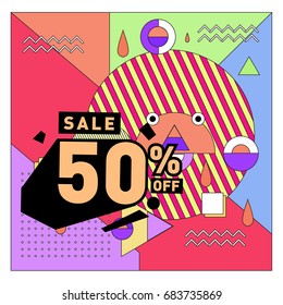 Summer sale memphis style web banner. Fashion and travel discount. Vector holiday Abstract colorful illustration with special offers and promotion.