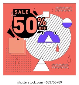 Summer sale memphis style web banner. Fashion and travel discount. Vector holiday Abstract colorful illustration with special offers and promotion.