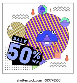 Summer sale memphis style web banner. Fashion and travel discount. Vector holiday Abstract colorful illustration with special offers and promotion.