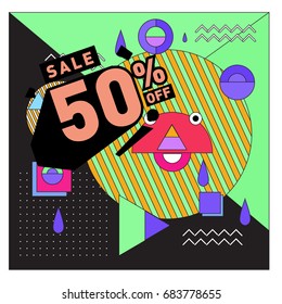 Summer sale memphis style web banner. Fashion and travel discount. Vector holiday Abstract colorful illustration with special offers and promotion.