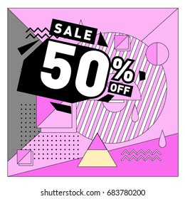 Summer sale memphis style web banner. Fashion and travel discount. Vector holiday Abstract colorful illustration with special offers and promotion.