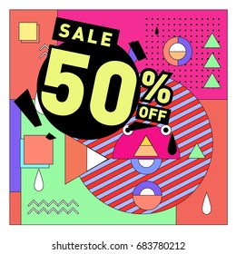 Summer sale memphis style web banner. Fashion and travel discount. Vector holiday Abstract colorful illustration with special offers and promotion.