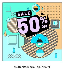 Summer sale memphis style web banner. Fashion and travel discount. Vector holiday Abstract colorful illustration with special offers and promotion.