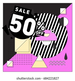 Summer sale memphis style web banner. Fashion and travel discount. Vector holiday Abstract colorful illustration with special offers and promotion.