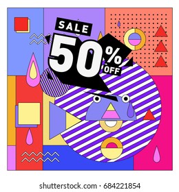 Summer sale memphis style web banner. Fashion and travel discount. Vector holiday Abstract colorful illustration with special offers and promotion.