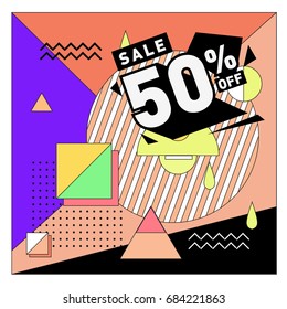 Summer sale memphis style web banner. Fashion and travel discount. Vector holiday Abstract colorful illustration with special offers and promotion.