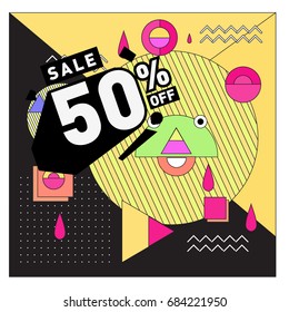 Summer sale memphis style web banner. Fashion and travel discount. Vector holiday Abstract colorful illustration with special offers and promotion.