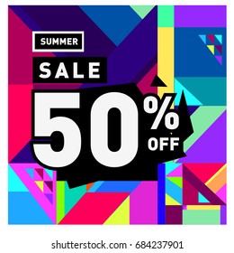 Summer sale memphis style web banner. Fashion and travel discount poster. Vector holiday Abstract colorful illustration with special offer and promotion.