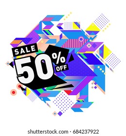 Summer sale memphis style web banner. Fashion and travel discount poster. Vector holiday Abstract colorful illustration with special offer and promotion.