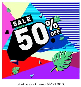 Summer sale memphis style web banner. Fashion and travel discount poster. Vector holiday Abstract colorful illustration with special offer and promotion.