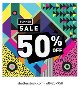 Summer sale memphis style web banner. Fashion and travel discount poster. Vector holiday Abstract colorful illustration with special offer and promotion.