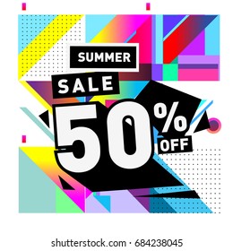 Summer sale memphis style web banner. Fashion and travel discount poster. Vector holiday Abstract colorful illustration with special offer and promotion.