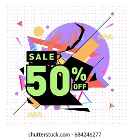 Summer sale memphis style web banner. Fashion and travel discount poster. Vector holiday Abstract colorful illustration with special offer and promotion.