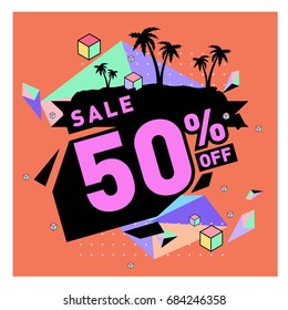 Summer sale memphis style web banner. Fashion and travel discount poster. Vector holiday Abstract colorful illustration with special offer and promotion.