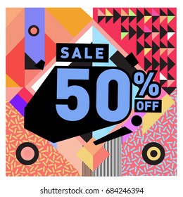 Summer sale memphis style web banner. Fashion and travel discount poster. Vector holiday Abstract colorful illustration with special offer and promotion.