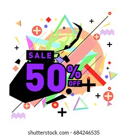 Summer sale memphis style web banner. Fashion and travel discount poster. Vector holiday Abstract colorful illustration with special offer and promotion.
