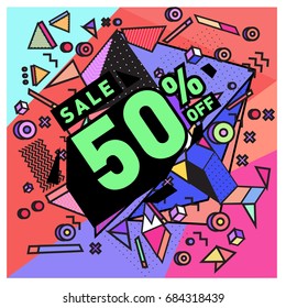 Summer sale memphis style web banner. Fashion and travel discount poster. Vector holiday Abstract colorful illustration with special offer and promotion.