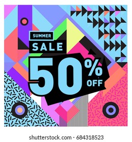 Summer sale memphis style web banner. Fashion and travel discount poster. Vector holiday Abstract colorful illustration with special offer and promotion.