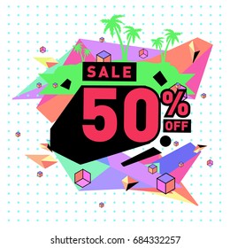 Summer sale memphis style web banner. Fashion and travel discount poster. Vector holiday Abstract colorful illustration with special offer and promotion.