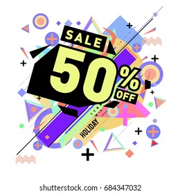 Summer sale memphis style web banner. Fashion and travel discount poster. Vector holiday Abstract colorful illustration with special offer and promotion.