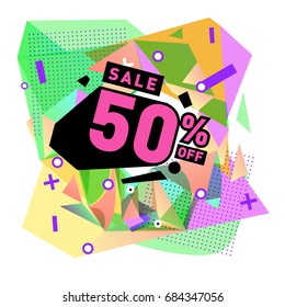 Summer sale memphis style web banner. Fashion and travel discount poster. Vector holiday Abstract colorful illustration with special offer and promotion.