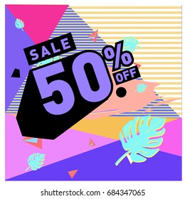 Summer sale memphis style web banner. Fashion and travel discount poster. Vector holiday Abstract colorful illustration with special offer and promotion.