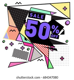 Summer sale memphis style web banner. Fashion and travel discount poster. Vector holiday Abstract colorful illustration with special offer and promotion.