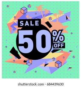 Summer sale memphis style web banner. Fashion and travel discount poster. Vector holiday Abstract colorful illustration with special offer and promotion.