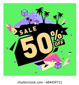 Summer sale memphis style web banner. Fashion and travel discount poster. Vector holiday Abstract colorful illustration with special offer and promotion.