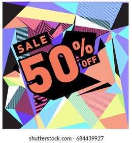 Summer sale memphis style web banner. Fashion and travel discount poster. Vector holiday Abstract colorful illustration with special offer and promotion.