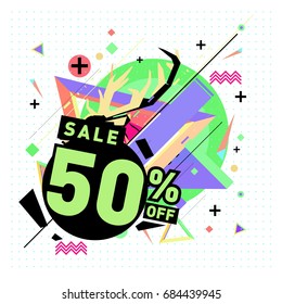 Summer sale memphis style web banner. Fashion and travel discount poster. Vector holiday Abstract colorful illustration with special offer and promotion.