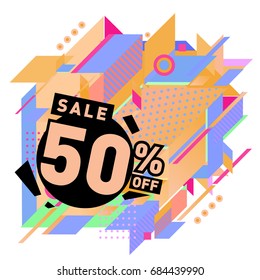 Summer sale memphis style web banner. Fashion and travel discount poster. Vector holiday Abstract colorful illustration with special offer and promotion.
