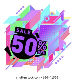 Summer sale memphis style web banner. Fashion and travel discount poster. Vector holiday Abstract colorful illustration with special offer and promotion.