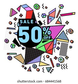 Summer sale memphis style web banner. Fashion and travel discount poster. Vector holiday Abstract colorful illustration with special offer and promotion.