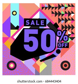 Summer sale memphis style web banner. Fashion and travel discount poster. Vector holiday Abstract colorful illustration with special offer and promotion.