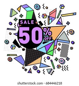 Summer sale memphis style web banner. Fashion and travel discount poster. Vector holiday Abstract colorful illustration with special offer and promotion.