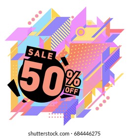 Summer sale memphis style web banner. Fashion and travel discount poster. Vector holiday Abstract colorful illustration with special offer and promotion.