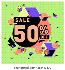 Summer sale memphis style web banner. Fashion and travel discount poster. Vector holiday Abstract colorful illustration with special offer and promotion.