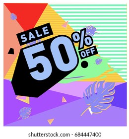 Summer sale memphis style web banner. Fashion and travel discount poster. Vector holiday Abstract colorful illustration with special offer and promotion.