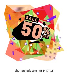 Summer sale memphis style web banner. Fashion and travel discount poster. Vector holiday Abstract colorful illustration with special offer and promotion.