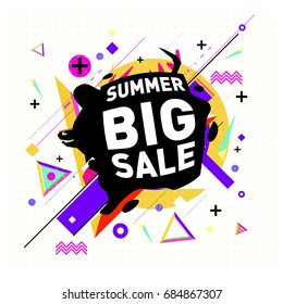Summer sale memphis style web banner. Fashion and travel discount poster. Vector holiday Abstract colorful illustration with special offer and promotion.