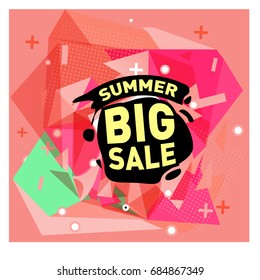 Summer sale memphis style web banner. Fashion and travel discount poster. Vector holiday Abstract colorful illustration with special offer and promotion.