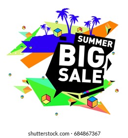 Summer sale memphis style web banner. Fashion and travel discount poster. Vector holiday Abstract colorful illustration with special offer and promotion.