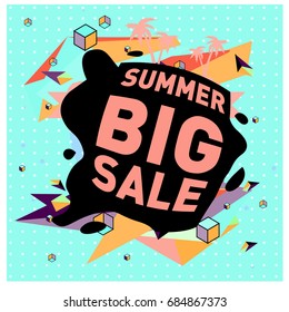 Summer sale memphis style web banner. Fashion and travel discount poster. Vector holiday Abstract colorful illustration with special offer and promotion.