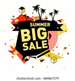 Summer sale memphis style web banner. Fashion and travel discount poster. Vector holiday Abstract colorful illustration with special offer and promotion.
