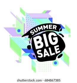 Summer sale memphis style web banner. Fashion and travel discount poster. Vector holiday Abstract colorful illustration with special offer and promotion.