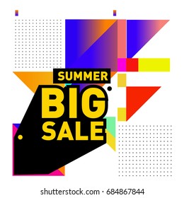 Summer sale memphis style web banner. Fashion and travel discount poster. Vector holiday Abstract colorful illustration with special offer and promotion.