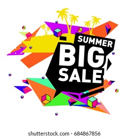 Summer sale memphis style web banner. Fashion and travel discount poster. Vector holiday Abstract colorful illustration with special offer and promotion.