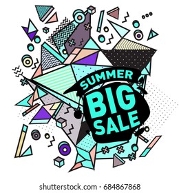 Summer sale memphis style web banner. Fashion and travel discount poster. Vector holiday Abstract colorful illustration with special offer and promotion.