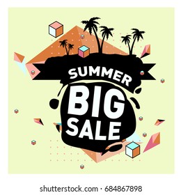 Summer sale memphis style web banner. Fashion and travel discount poster. Vector holiday Abstract colorful illustration with special offer and promotion.